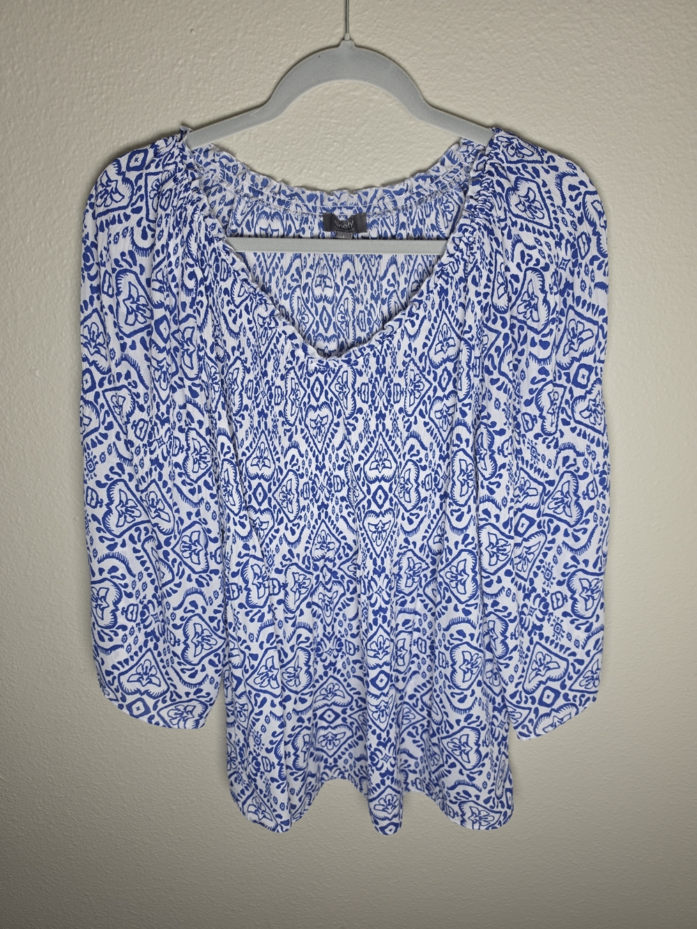Ninety White Blouse with Blue Ikat Print